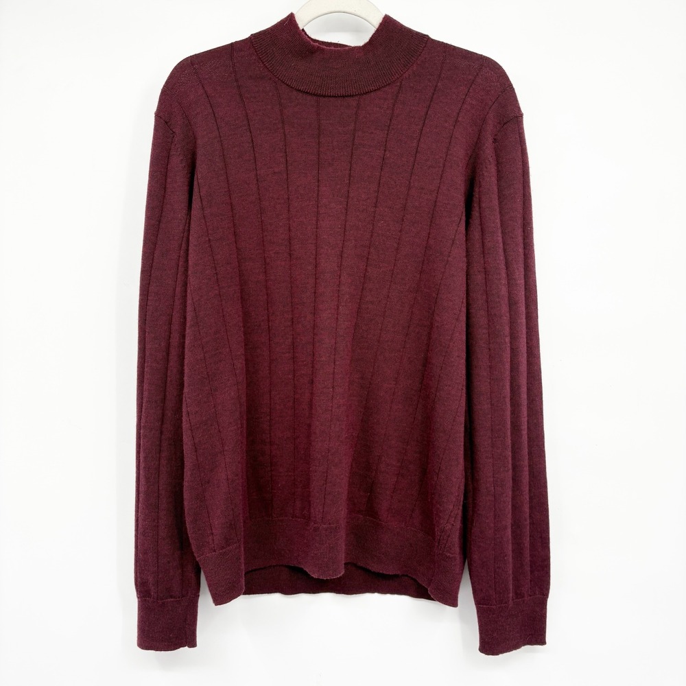 Joseph Abboud Mens Merino Wool Blend Ribbed Mock Neck Classic Sweater L Burgundy